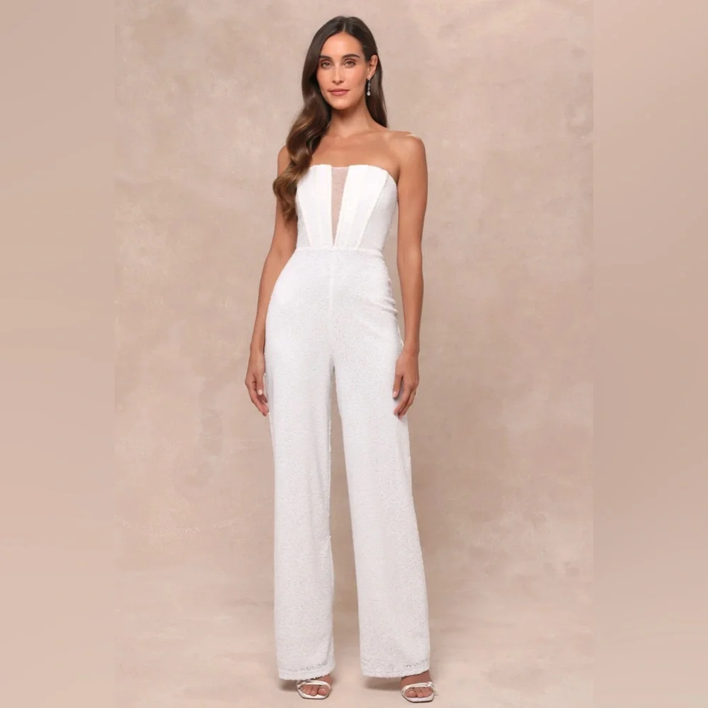 Lulus Glamorous Spirit White Sequin Strapless Bustier Jumpsuit - Picture 1 of 8